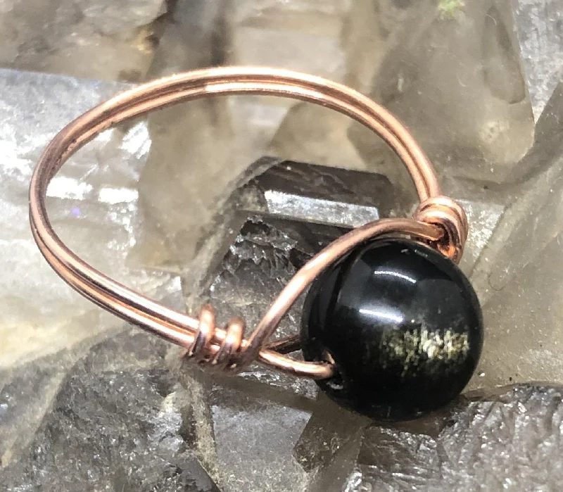 Ladies rings collectible jewelry items-Black Obsidian Copper Bead Ring