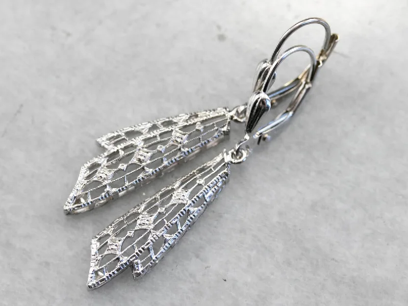 Ladies earrings pave set styles-Art Deco White Gold Drop Earrings