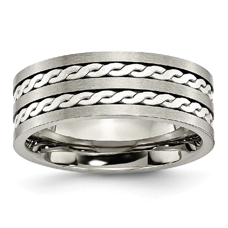 Ladies rings synthetic jewel options-8mm Titanium & Sterling Silver Braided Inlay Flat Comfort Fit Band