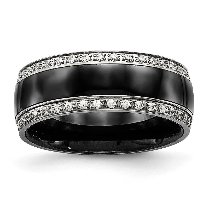 Ladies rings mixed material designs-8mm Stainless Steel, Black Ceramic & CZ Standard Fit Band