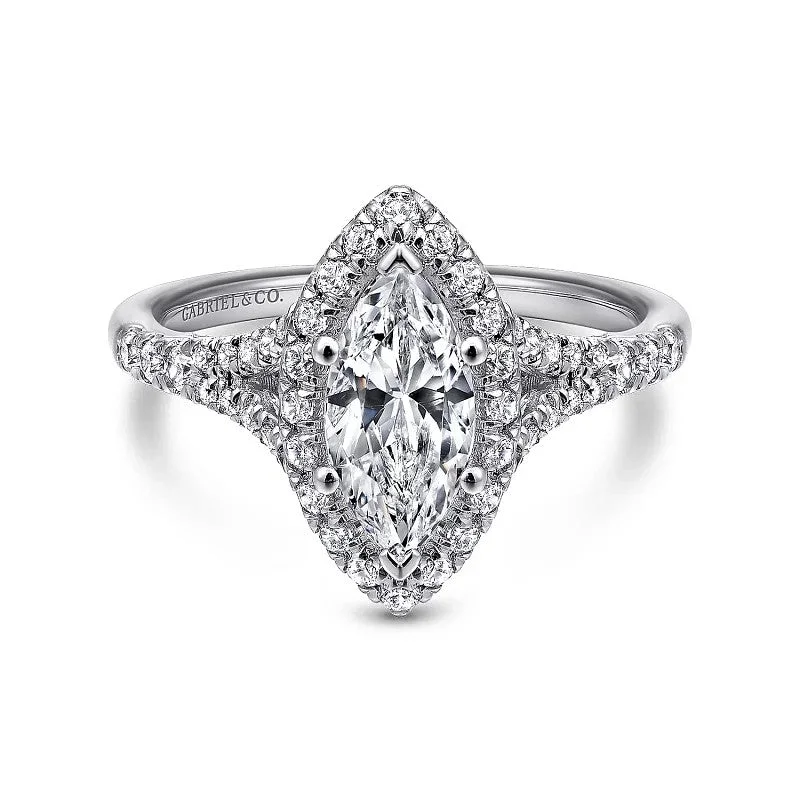 Ladies engagement rings round diamond cuts-Verbena - 14K White Gold Marquise Halo Diamond Engagement Ring (Setting Only)