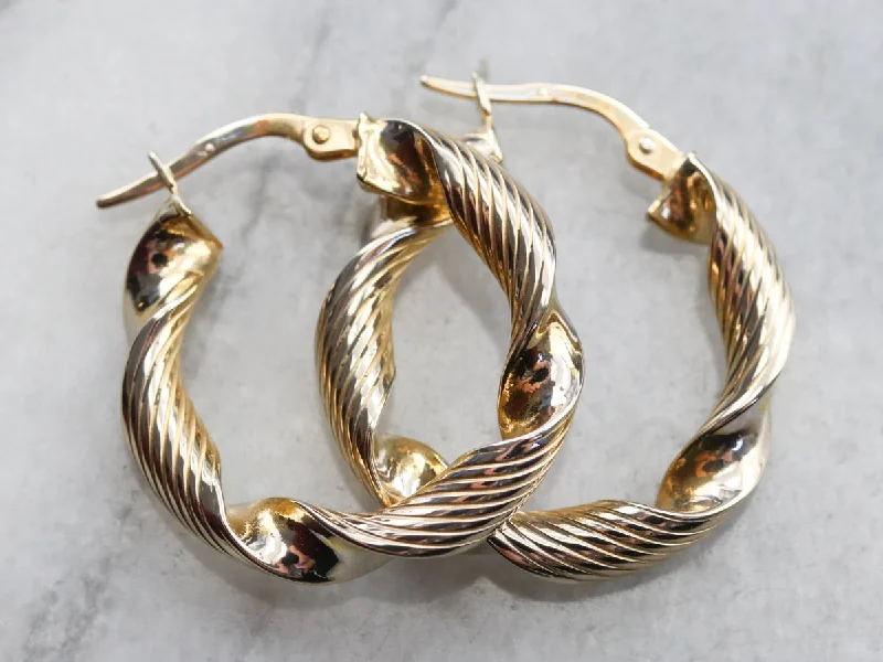 Ladies earrings copper tone designs-Twisted Gold Ribbon Hoop Earrings