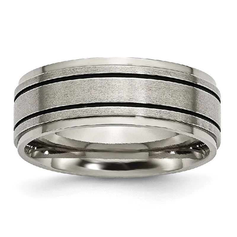 Ladies rings multi-tier styles-8mm Titanium & Black Enamel Ridged Edge Standard Fit Band