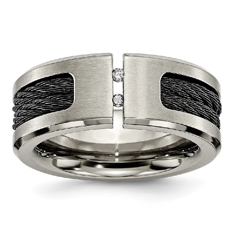 Ladies rings balanced proportion styles-Mens 10mm Titanium Black Plated Cable .05ctw Diamond Standard Fit Band