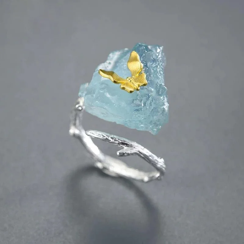 Ladies rings graduated size designs-Butterfly Aquamarine Stone Ring