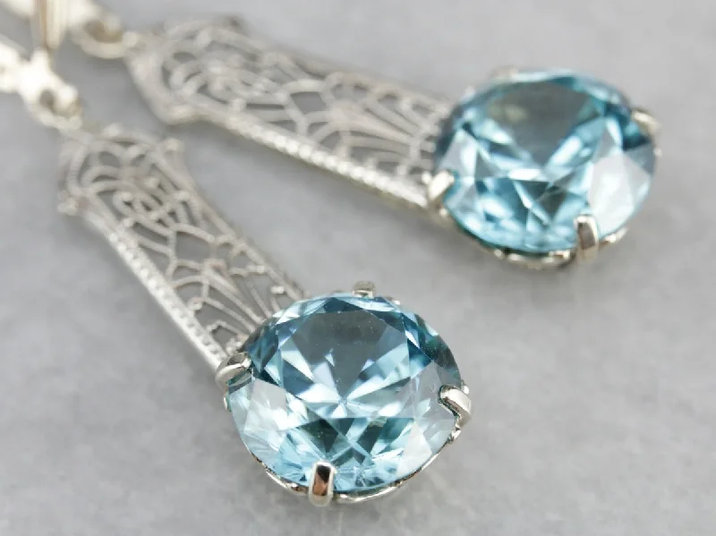 Ladies earrings romantic era designs-Blue Zircon Filigree Drop Earrings