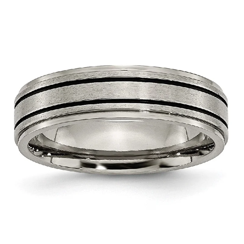 Ladies rings cascading stone rings-6mm Titanium & Black Enamel Ridged Edge Standard Fit Band