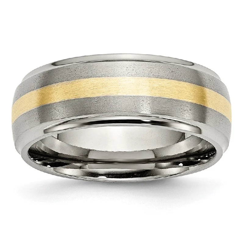 Ladies rings mixed cut rings-Mens 8mm Titanium & 14k Gold Inlay Domed Ridged Edge Standard Fit Band