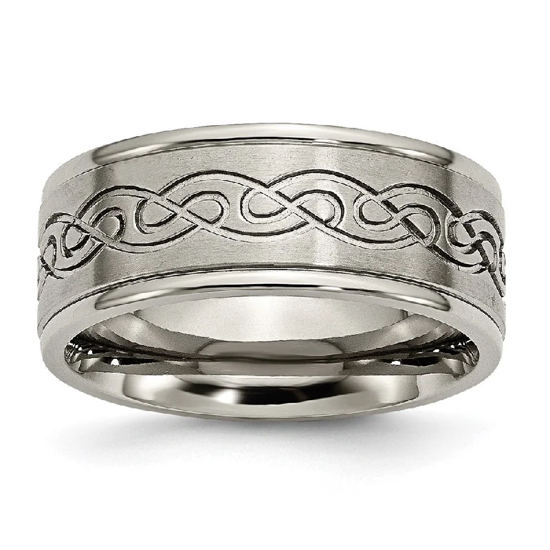 Ladies rings extra thin rings-9mm Titanium Scroll Design Rounded Edge Standard Fit Band