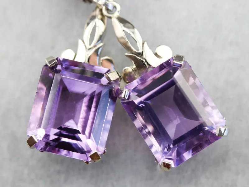 Ladies earrings five-stone designs-Amethyst White Gold Drop Earrings