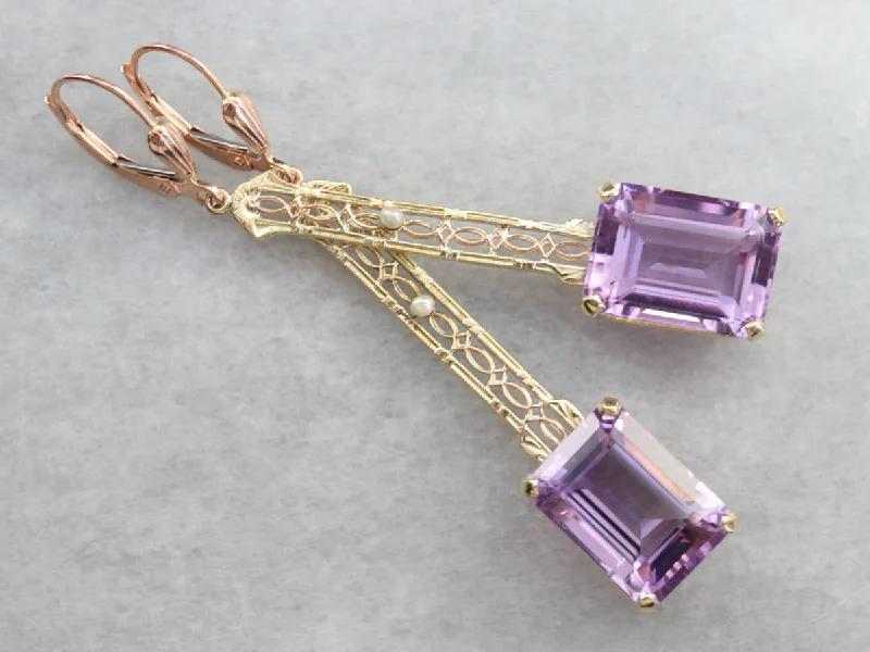 Ladies earrings upcycled earring designs-Amethyst and Seed Pearl Drop Earrings