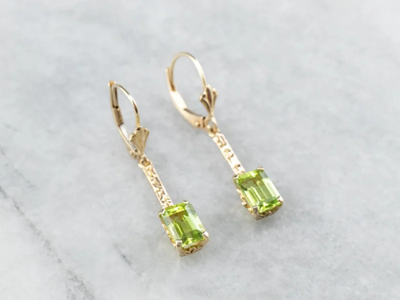 Ladies earrings mature sophisticated styles-Peridot Gold Bar Drop Earrings