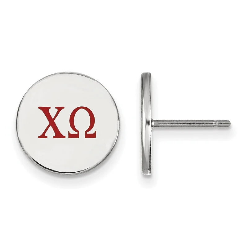 Ladies earrings curved edge designs-Sterling Silver Chi Omega Enamel Greek Letters Post Earrings