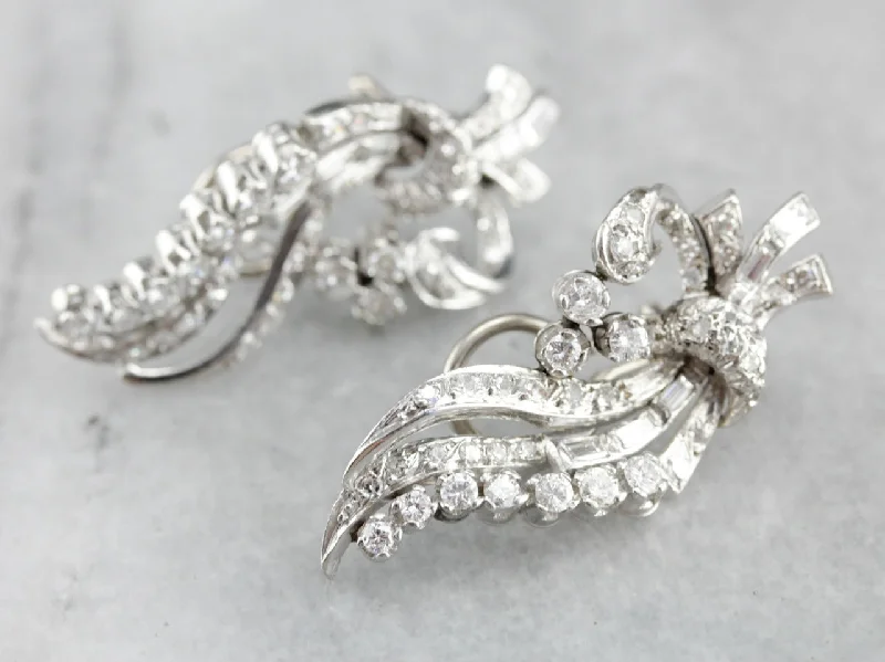 Ladies earrings anniversary earring styles-Sweeping Retro Era Diamond Earrings