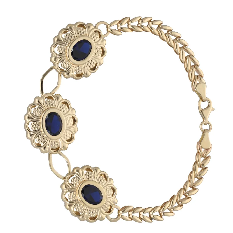 Ladies bracelets limited run designs-Ladies bracelets limited run designs-New 14ct Gold Blue CZ Flower Bracelet