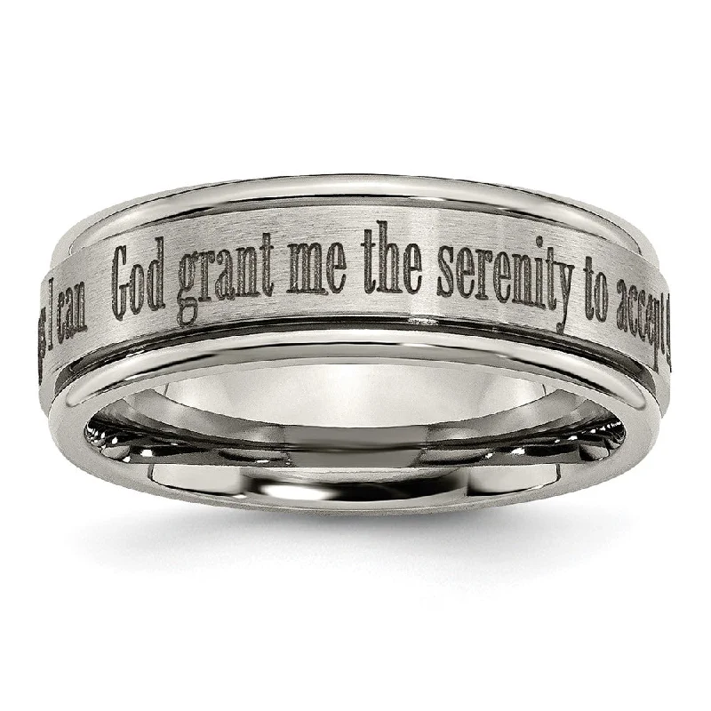 Ladies rings engagement gift ideas-8mm Titanium Lasered Serenity Prayer Grooved Edge Standard Fit Band