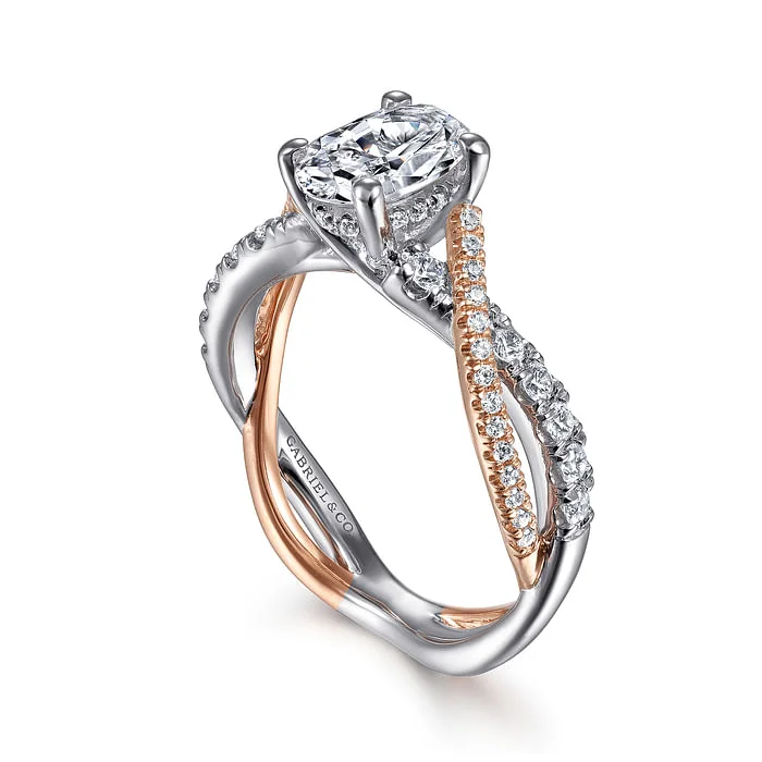 Ladies engagement rings brushed finish bands-14K White-Rose Gold Oval Diamond Twisted Engagement Ring