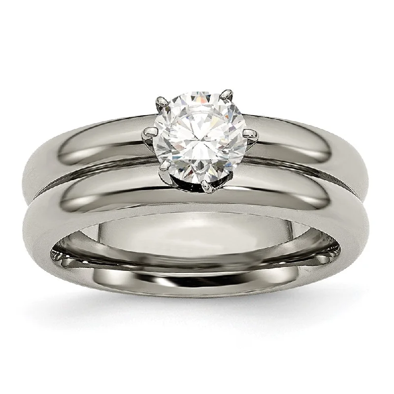 Ladies rings sterling silver options-5mm Titanium & CZ Polished Grooved Ring