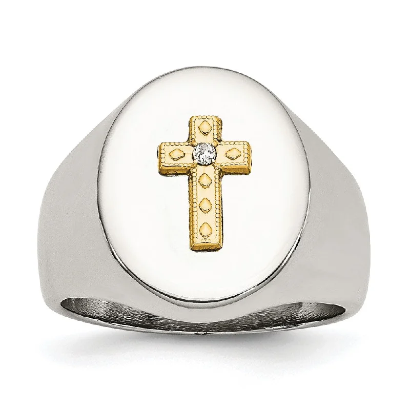 Ladies rings nature-inspired patterns-17mm Stainless Steel 10KYG Plated Cross & .02ct Diamond Tapered Ring