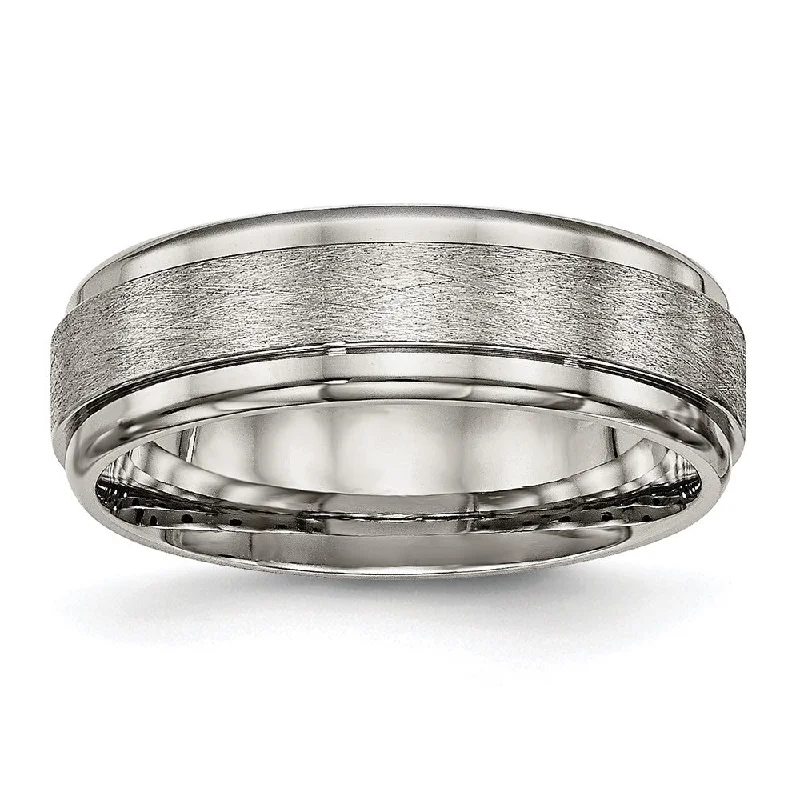 Ladies rings tarnish-free rings-7mm Titanium Brushed Flat Ridged Edge Comfort Fit Band