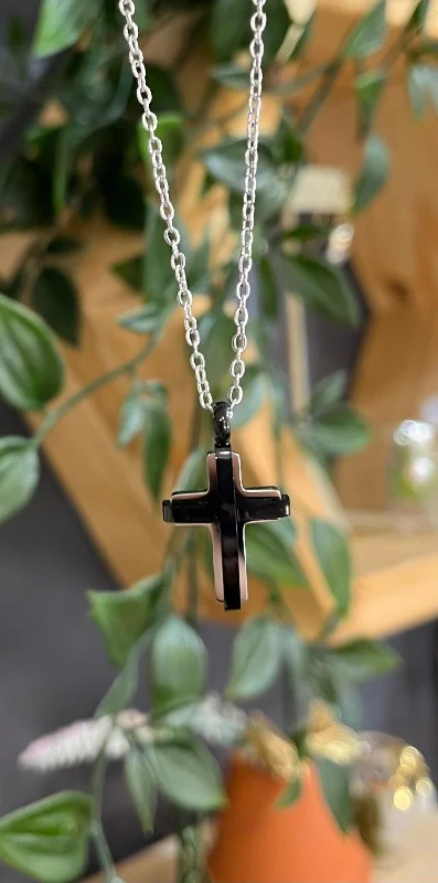 Ladies necklaces double halo designs-Unique & Co Stainless Steel Black IP Cross Pendant Necklace