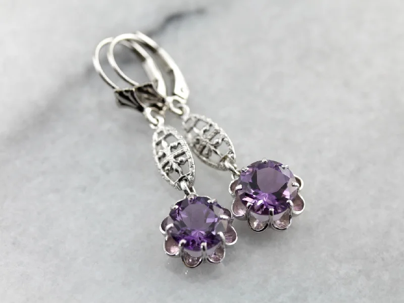 Ladies earrings bold geometric designs-Bright Amethyst Drop Earrings with Simple Filigree Accents in White Gold