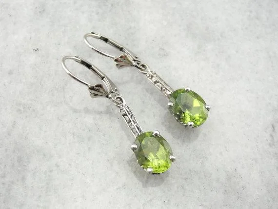 Ladies earrings heavy duty styles-Peridot and White Gold Art Deco Earrings