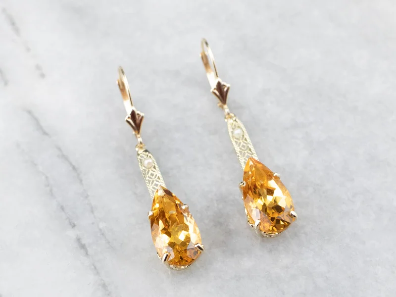 Ladies earrings memory-inspired pieces-Pear Cut Citrine Gold Filigree Bar Drop Earrings