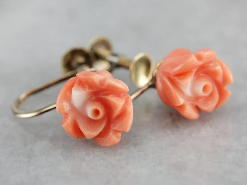 Ladies earrings fixed gem designs-Vintage Carved Coral Rose Earrings