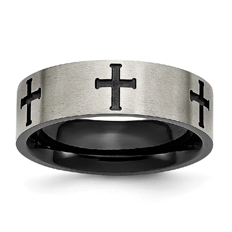 Ladies rings high shine designs-7mm Titanium Brushed & Black Plated Cross Standard Fit Band