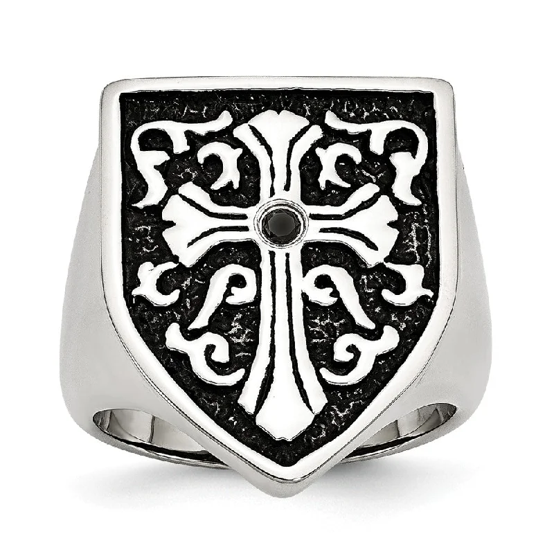 Ladies rings titanium modern designs-Stainless Steel And Black Diamond Cross Shield Ring