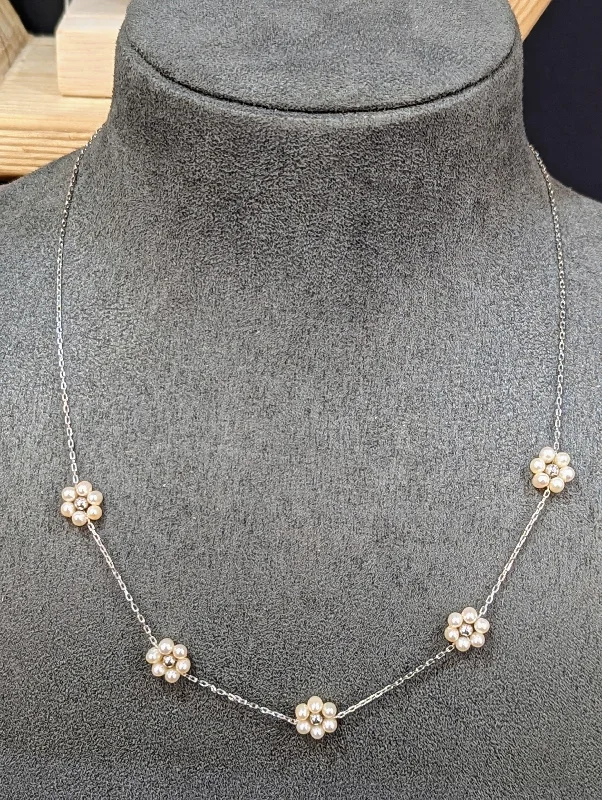 Ladies necklaces sculptural pendant shapes-Silver Pearl Flower Cluster Necklace