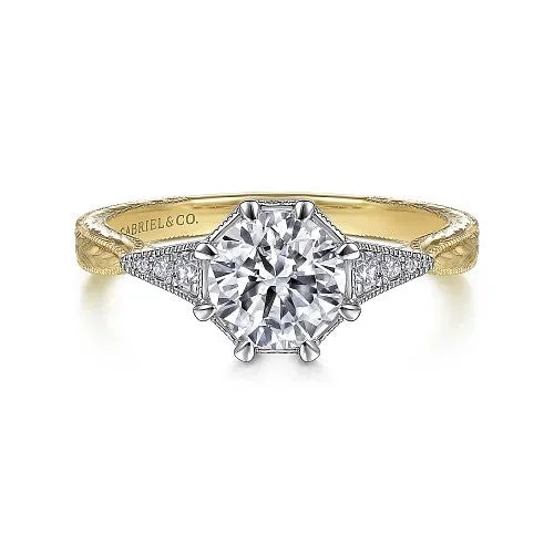 Ladies engagement rings designer solitaires-Sanna - Vintage Inspired 14K White-Yellow Gold Round Diamond Channel Set Engagement Ring (Setting Only)