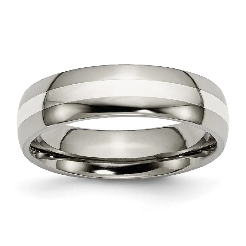 Ladies rings smart buying advice-6mm Titanium & Sterling Silver Inlay Polished Domed Standard Fit Band