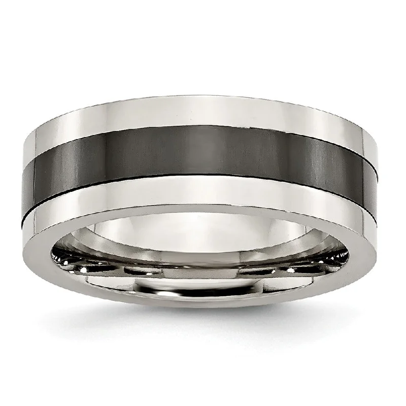 Ladies rings opal shimmering styles-8mm Polished Stainless Steel and Black Ceramic Flat Band