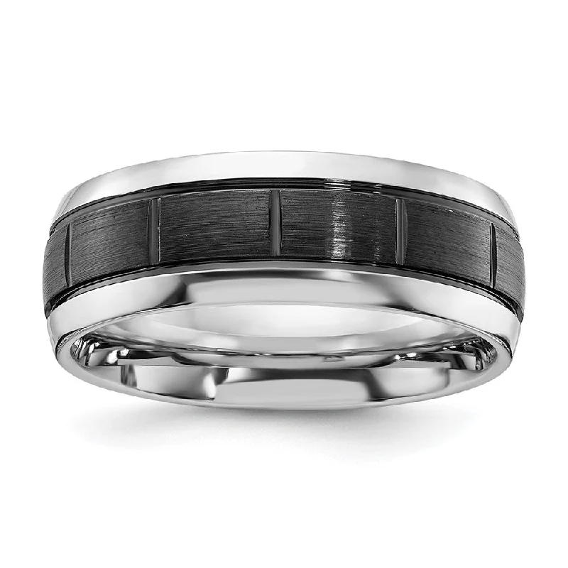 Ladies rings lightweight gold bands-8mm Cobalt Black Plated Brushed Grooved Center Standard Fit Band