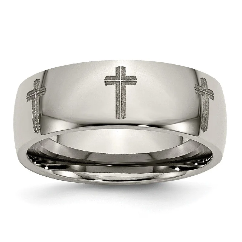 Ladies rings middle finger looks-8mm Titanium Etched & Polished Cross Domed Standard Fit Band