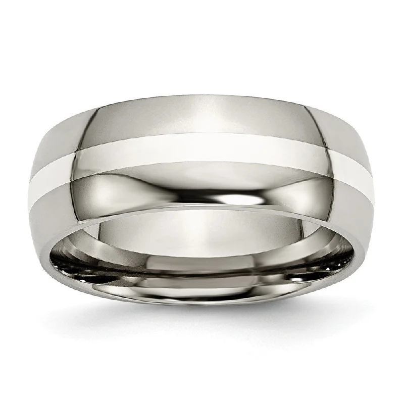 Ladies rings muted tone rings-Titanium & Sterling Silver Inlay, 8mm Polished Domed Standard Fit Band