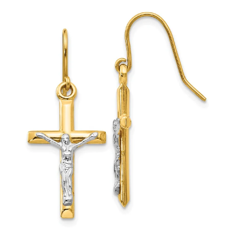 Ladies earrings delicate outline styles-3D Hollow Crucifix Dangle Earrings in 14k Two Tone Gold