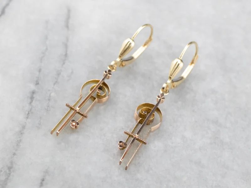 Ladies earrings tiny stud designs-Scrolling Two Tone Gold Drop Earrings