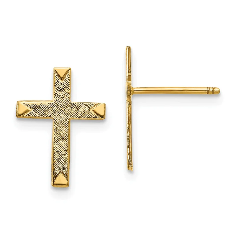 Ladies earrings worldwide fashion appeal-13mm Brushed Finish Cross Post Earrings in 14k Yellow Gold