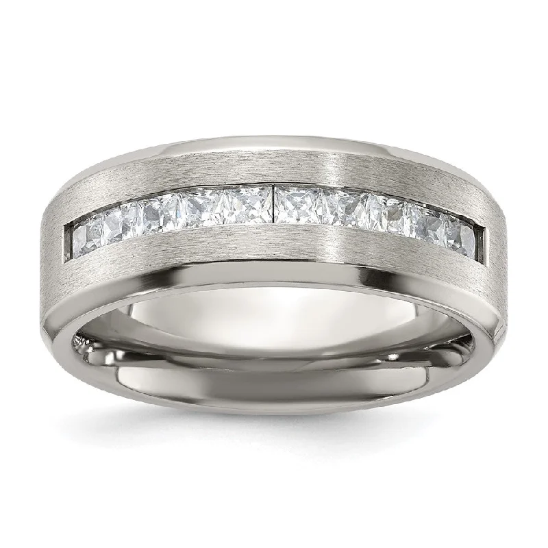 Ladies rings radiant shine styles-8mm Titanium & CZ Brushed & Polished Beveled Standard Fit Band