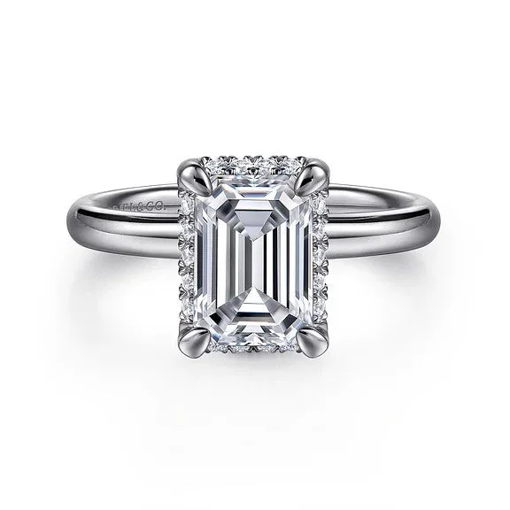 Ladies engagement rings bold halo styles-Symphony - 14K White Gold Emerald Cut Hidden Halo Diamond Engagement Ring (Setting Only)