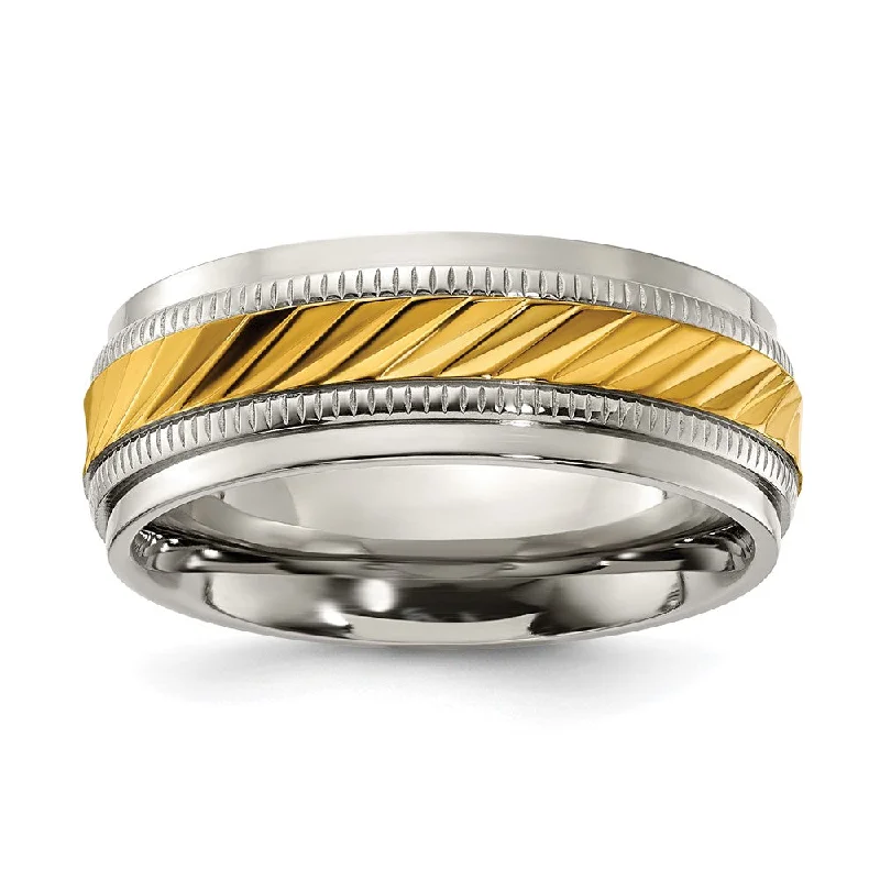 Ladies rings raised detail styles-8mm Titanium & Gold Tone Plated Grooved Standard Fit Band