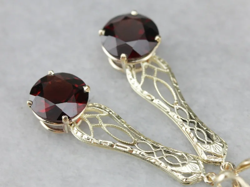 Ladies earrings futuristic design styles-Garnet Filigree Drop Earrings