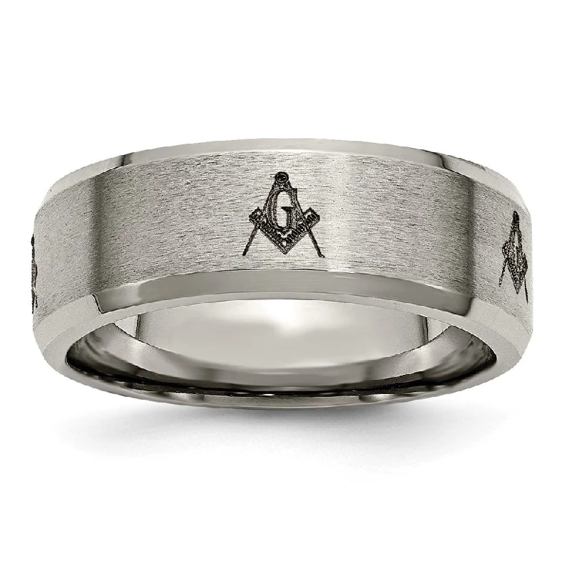 Ladies rings hypoallergenic materials-8mm Titanium Laser Etched Masonic Beveled Standard Fit Band