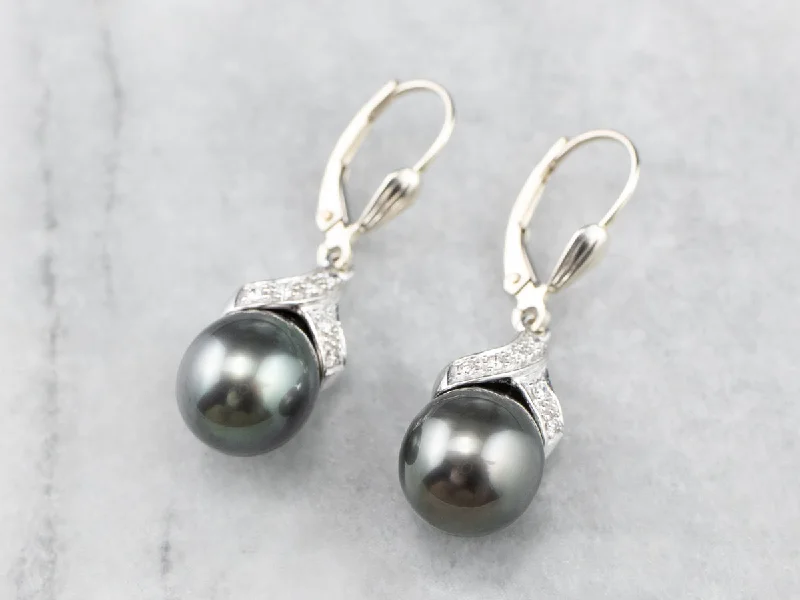 Ladies earrings friendship bond styles-Grey Pearl Diamond White Gold Drop Earrings