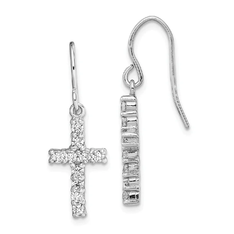 Ladies earrings artisan metalwork designs-16mm Cubic Zirconia Cross Dangle Earrings in Sterling Silver