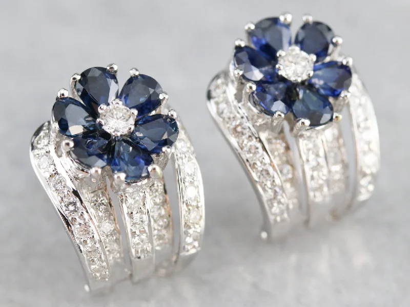 Ladies earrings spring fashion designs-Floral Sapphire and Diamond Earrings