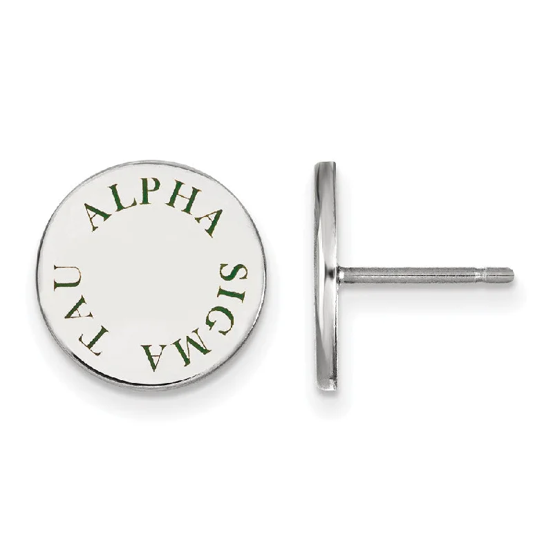 Ladies earrings textured drop designs-Sterling Silver Alpha Sigma Tau Green Enamel Post Earrings